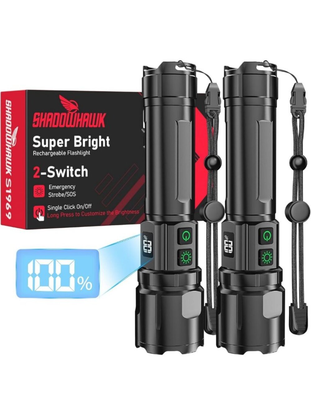 High Lumens Rechargeable Flashlight 20000, 30W LED Bright Light - 2 Pack
